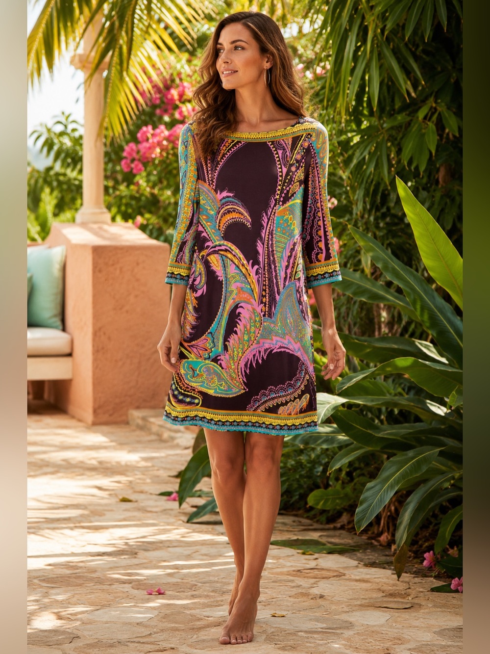 Colorful Paisley Print Stretch Shift Dress Pink Brown Resort Boho XS